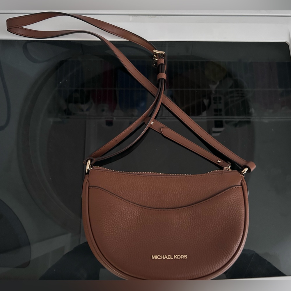 Michael Kors Brown Pebbled Leather Crossbody Saddle Bag with Gold Hardware